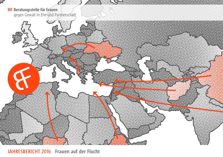 Jahresbericht der BIF Beratungsstelle für Frauen aus dem Jahr 2016, Thema ist Frauen auf der Flucht.